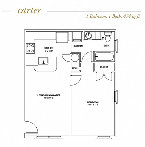 Floor plan for 1 bed, 1 bath, 474 sqft